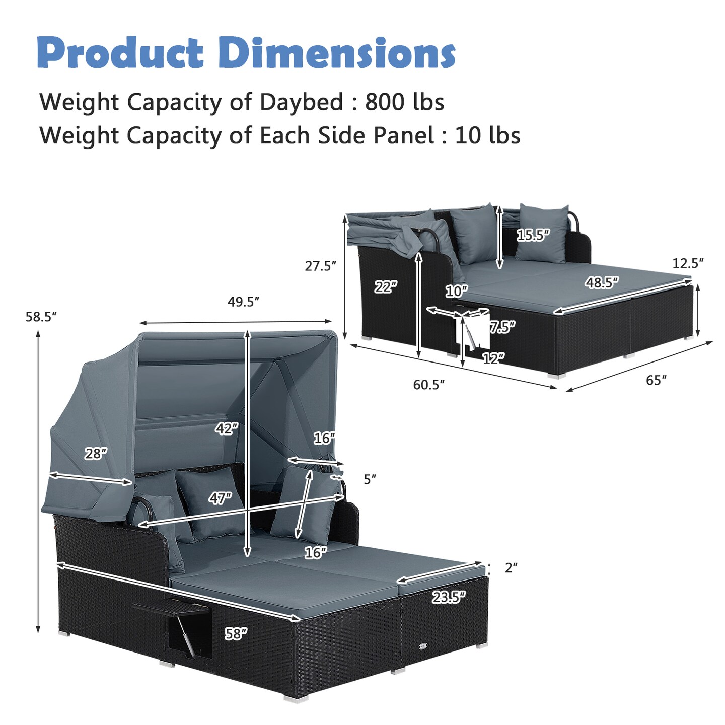 Patio Daybed PE Rattan Canopy Sofa Cushioned Outdoor Furniture