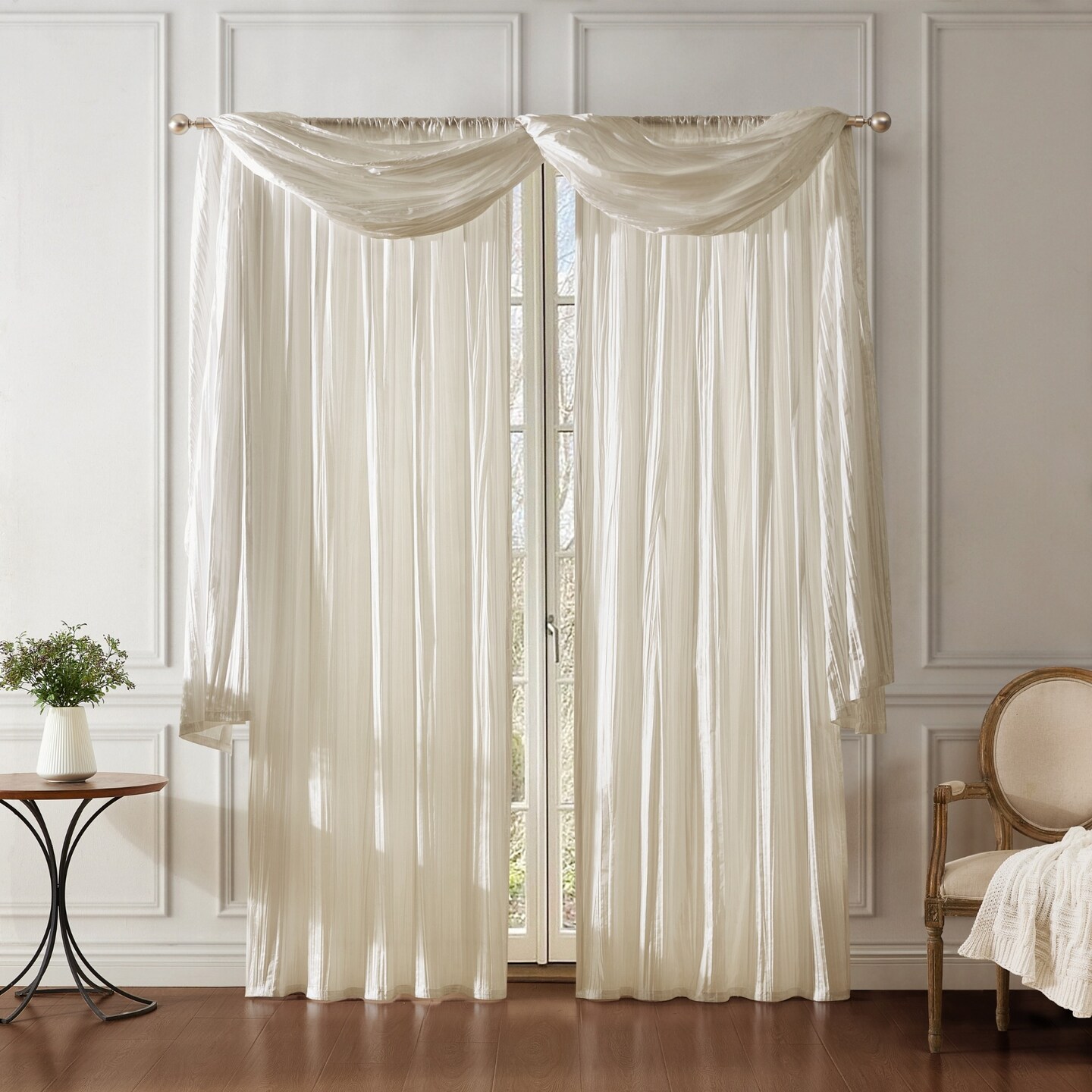 Threadmade Home Athena Faux Silk Window Curtain and Scarf Set, Ivory - 52"W x 84"L