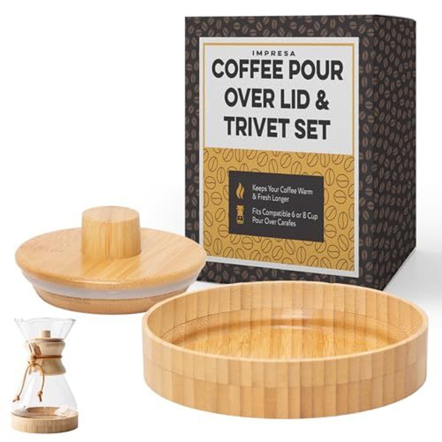 Impresa Coffee Pot Cover &#x26; Wooden Trivet Set &#x2013; Compatible with Chemex 6-Cup &#x26; 8-Cup Pour Over Carafe, Glass Coffee Maker Stand &#x26; Lid for Chemex Style Coffee Systems