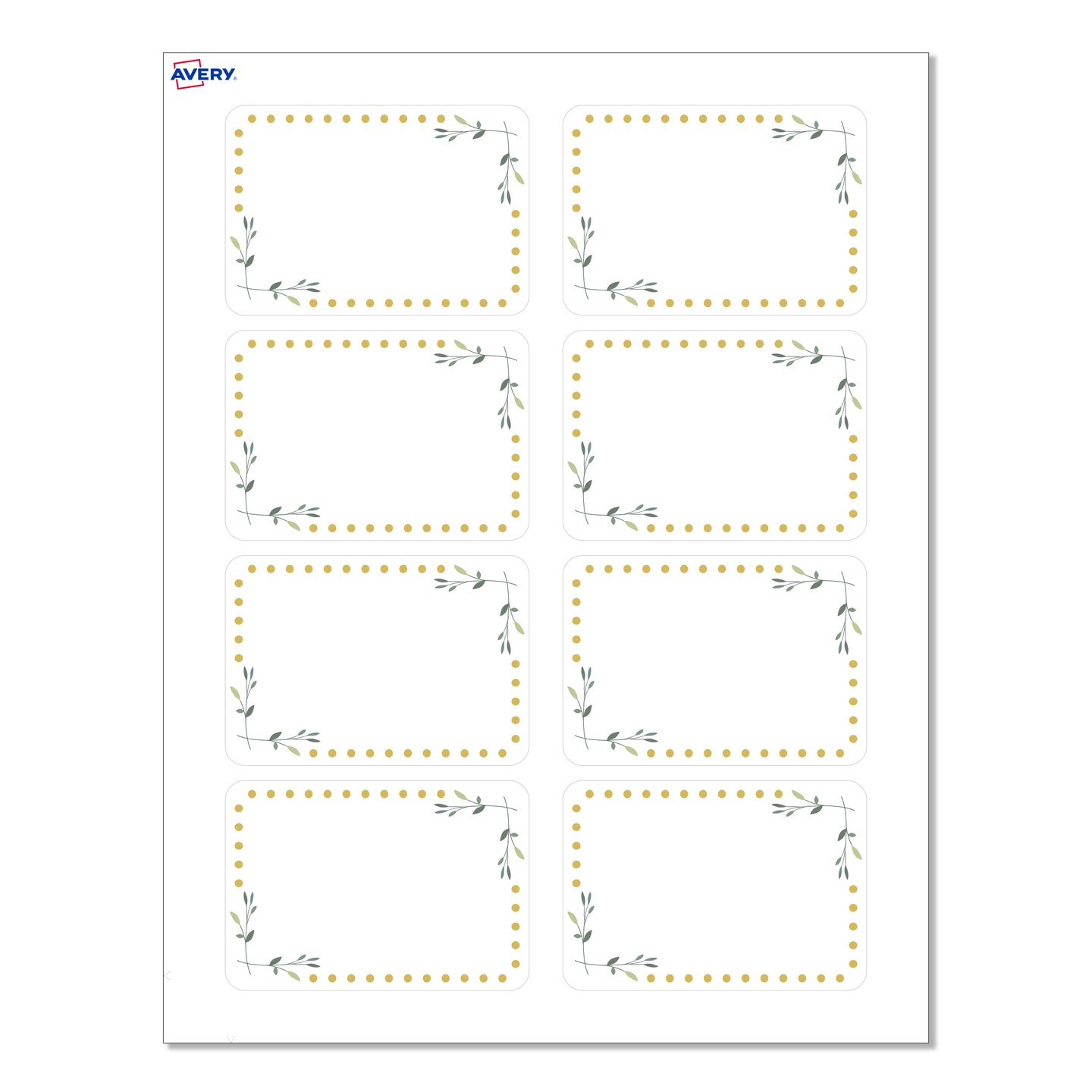 Avery&#xAE; Printable Rectangle Adhesive Name Tags, Green Florals with Gold Dots Design, 2-1/3&#x22; x 3-3/8&#x22;, Matte White Removable Name Tags, Laser/Inkjet, 80 Total, Great for Name Badges