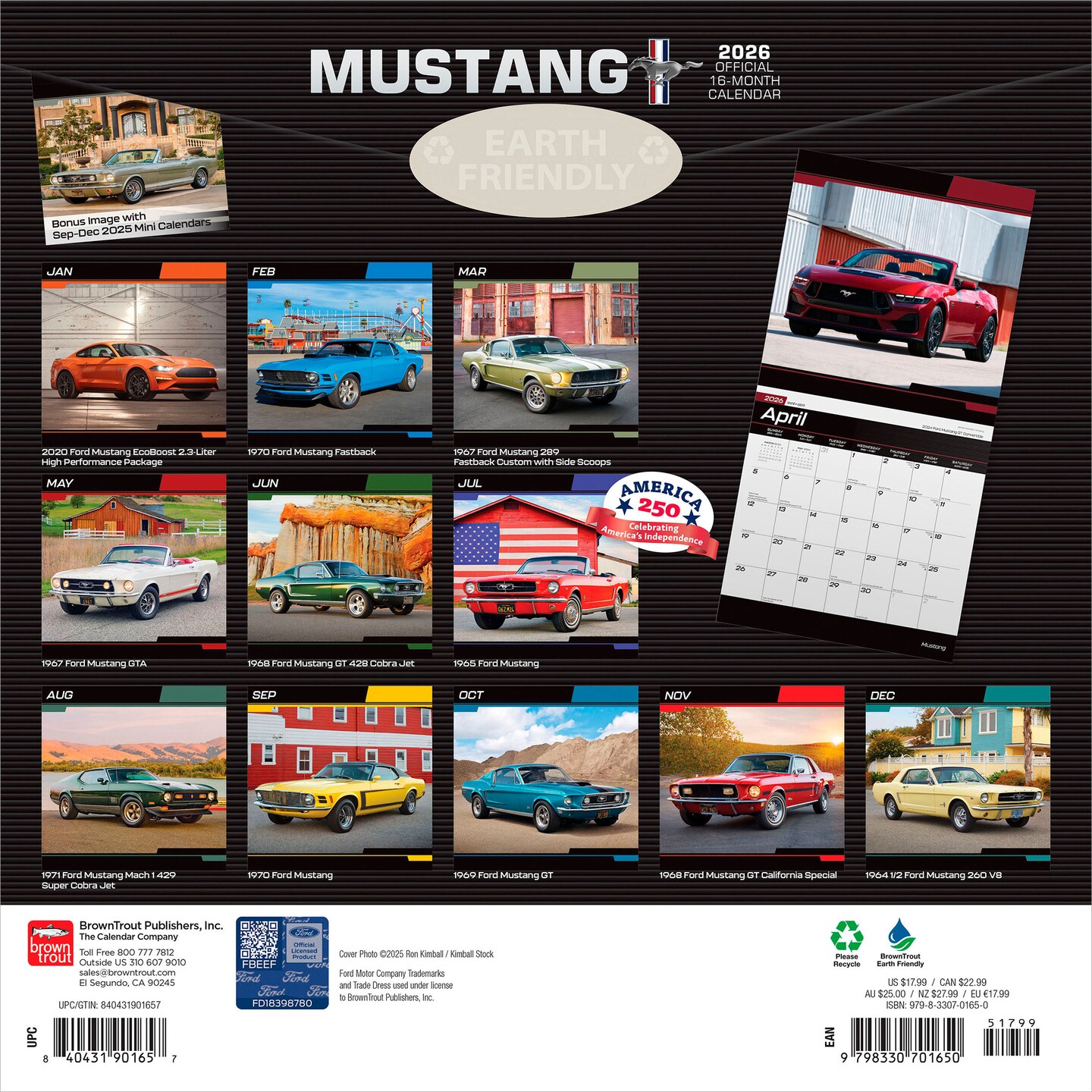 Ford Mustang OFFICIAL | 2026 12 x 24 Inch (Hanging) Monthly Square Wall Calendar | Foil Stamped Cover | Plastic-Free | BrownTrout | Motor Muscle Car