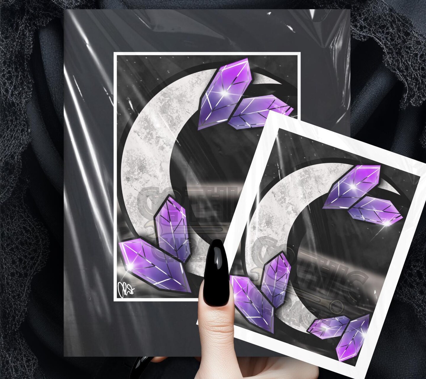 Crystal Moonlight Gothic Art Print, Witchy Crystals and Moon Wall