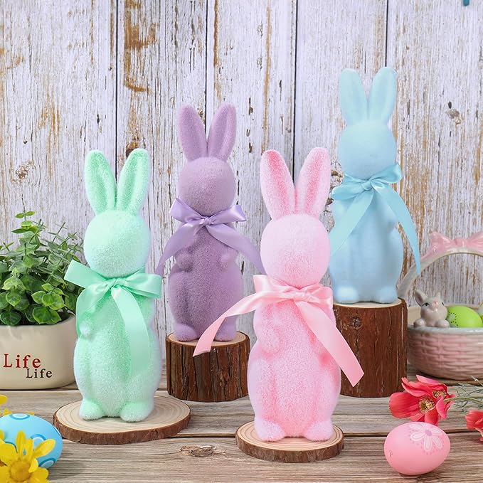 Flocked Bunny Easter Decorations Pastel Rabbit Figurines with Bow for Spring Easter Home Office Party Table Centerpiece Decoration, 4 Pcs