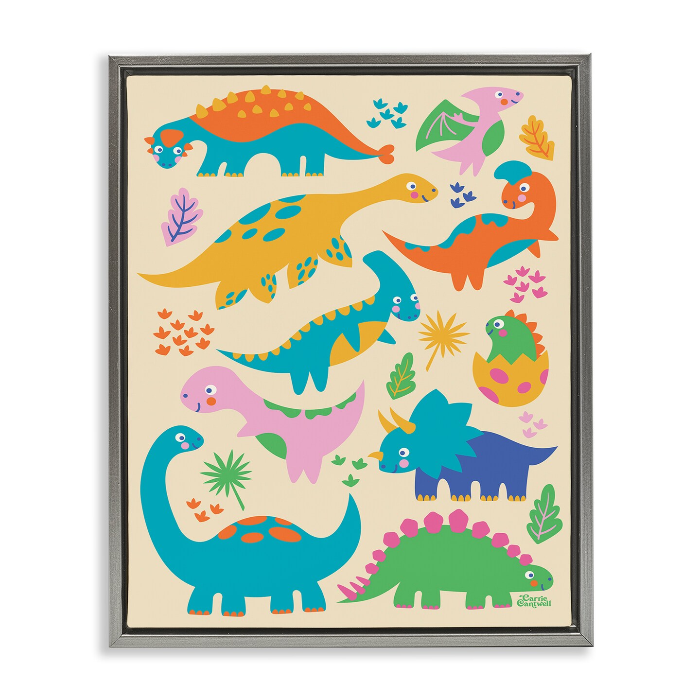 Stupell Industries Cute Whimsy Dinos Floater Framed Canvas Wall Art Design by Carrie Cantwell