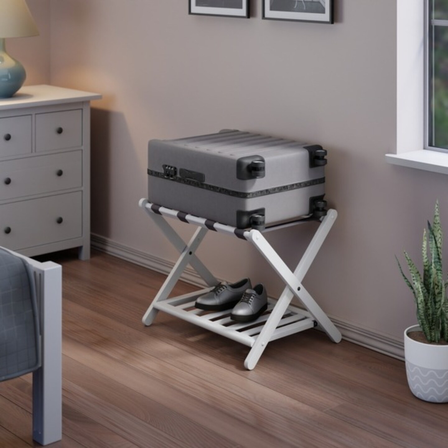 Contemporary Home Living 2-Tier Folding Luggage Rack with Shelf - 26.5&#x22; - White