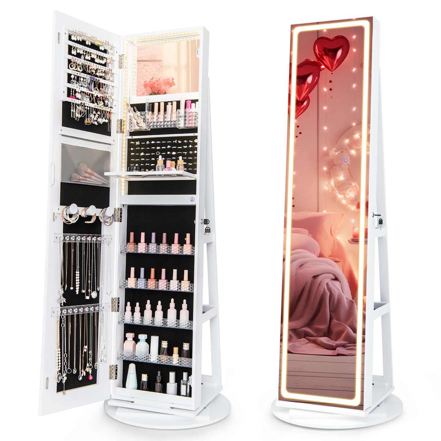 Costway 360° Swivel Jewelry Cabinet Organizer 3-Color LED Mirror with Built-in Lights Coffee/White/Black/Brown