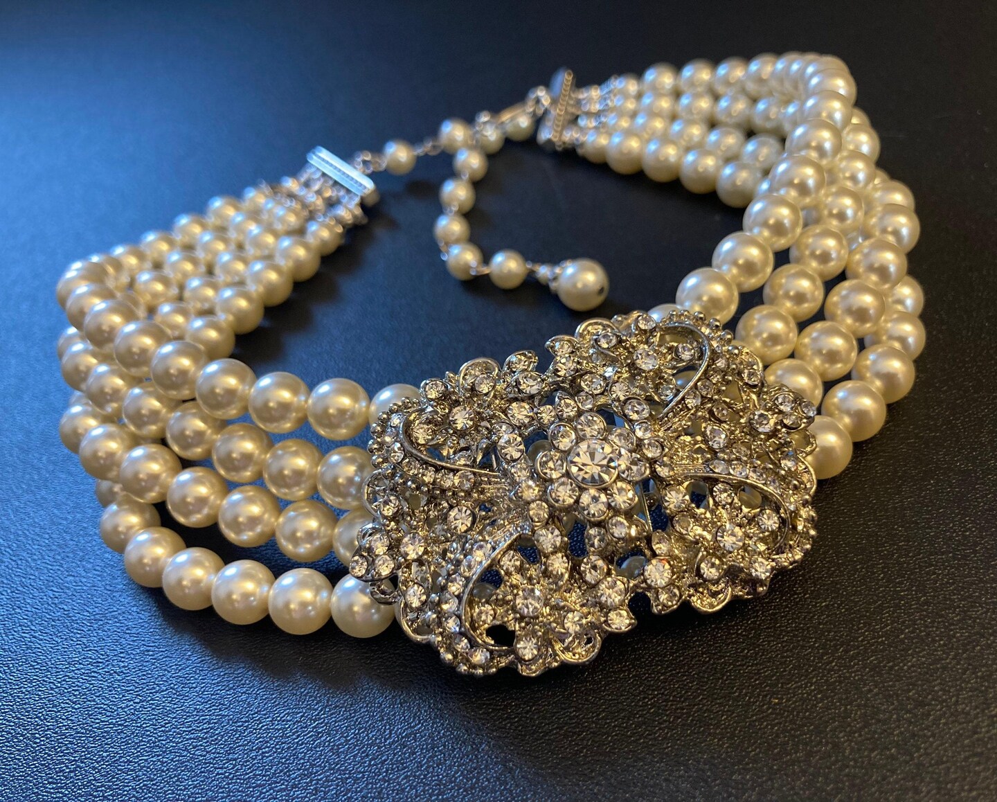 Pearl Choker 4 strands of layered pearls silver Art Deco rhinestone brooch cream ivory pearls perfect wedding pearl necklace gift for her