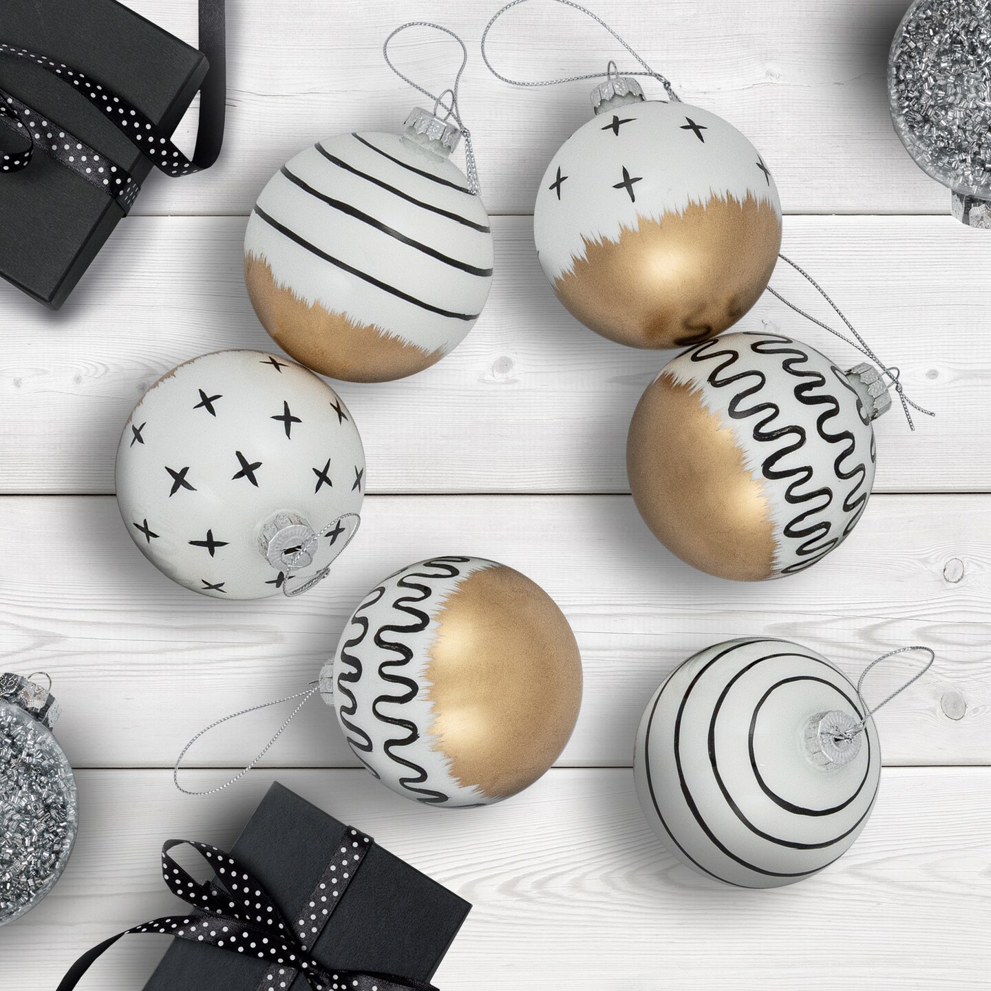 Northlight Abstract Glass Ball Christmas Ornaments - 3&#x22; (80mm) - White and Black - 6ct