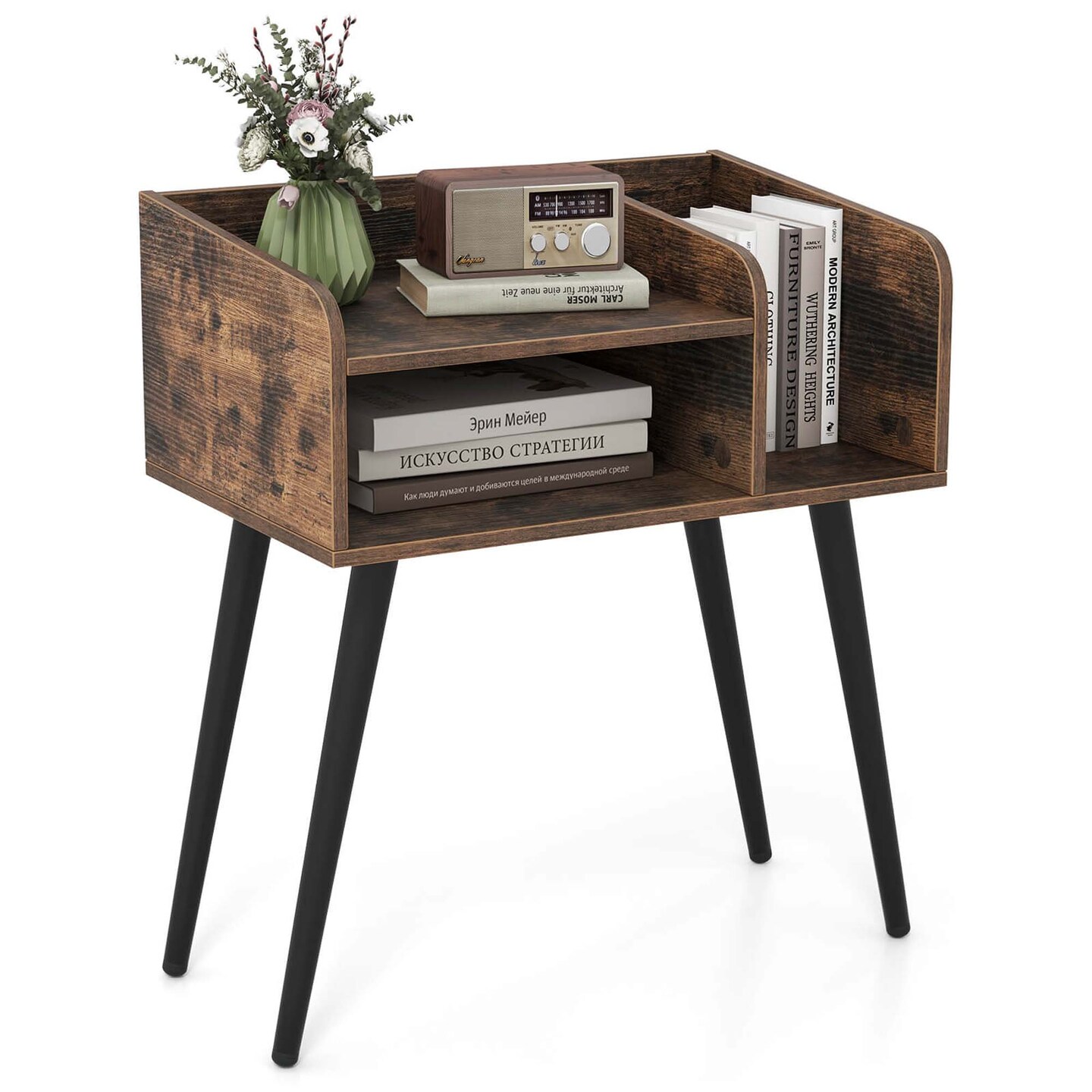Costway Mid Century Modern End Table with Open Shelves Metal Support Legs for Bedroom White/Black/Coffee