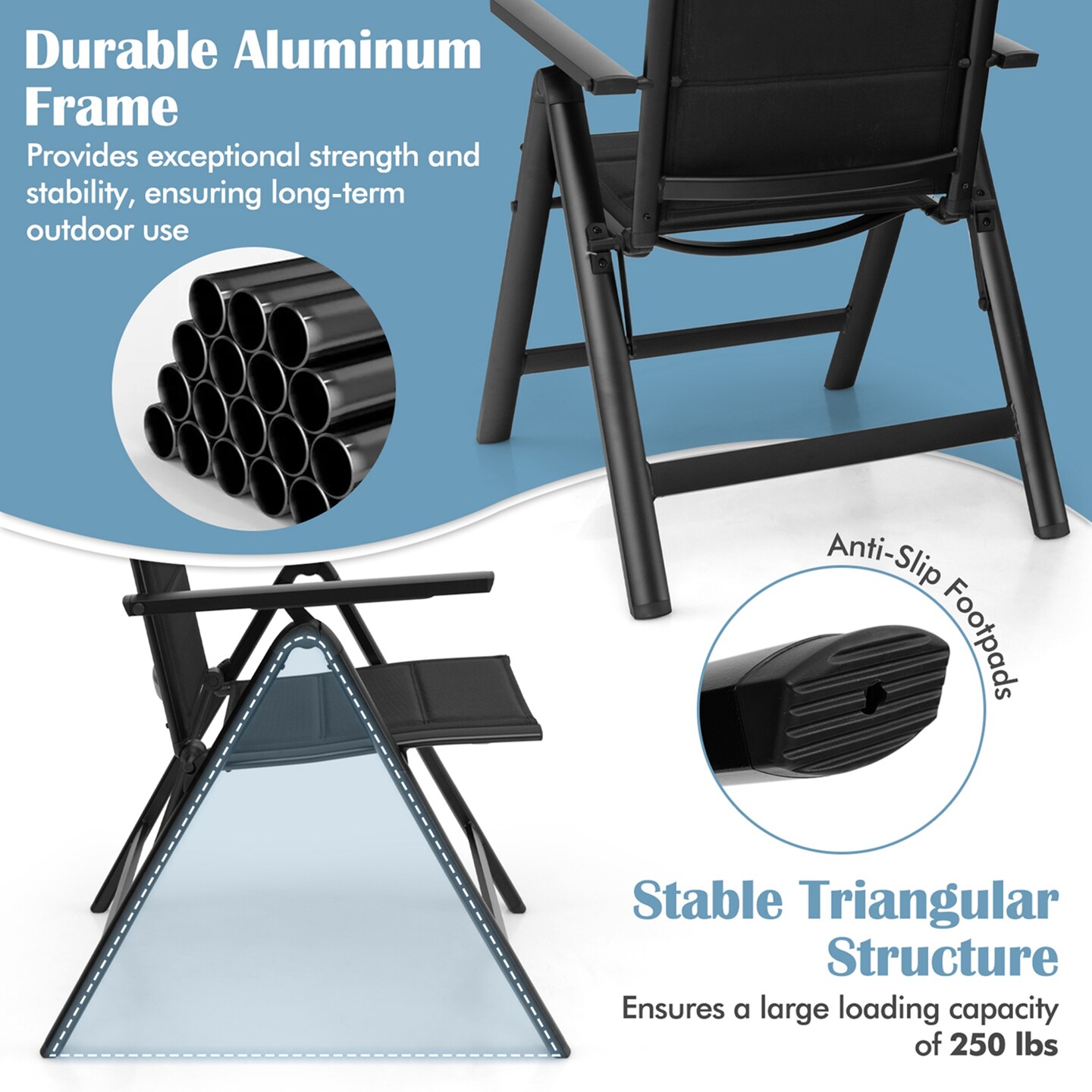 Costway 1/2/4 PCS Patio Folding Chair Outdoor Chairs with Padded Seat, Adjustable Backrest Black