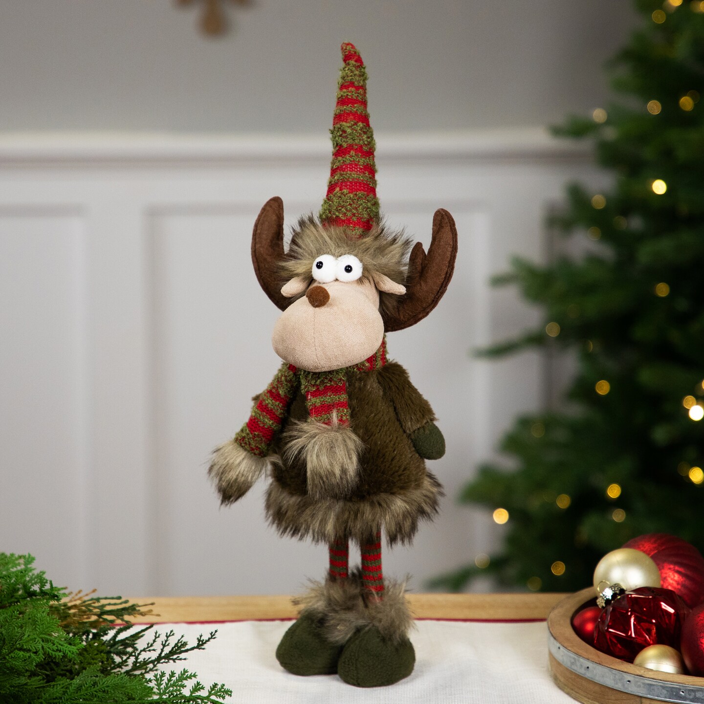 Northlight Standing Plush Moose with Striped Legs Christmas Figure - 18&#x22; - Green and Red