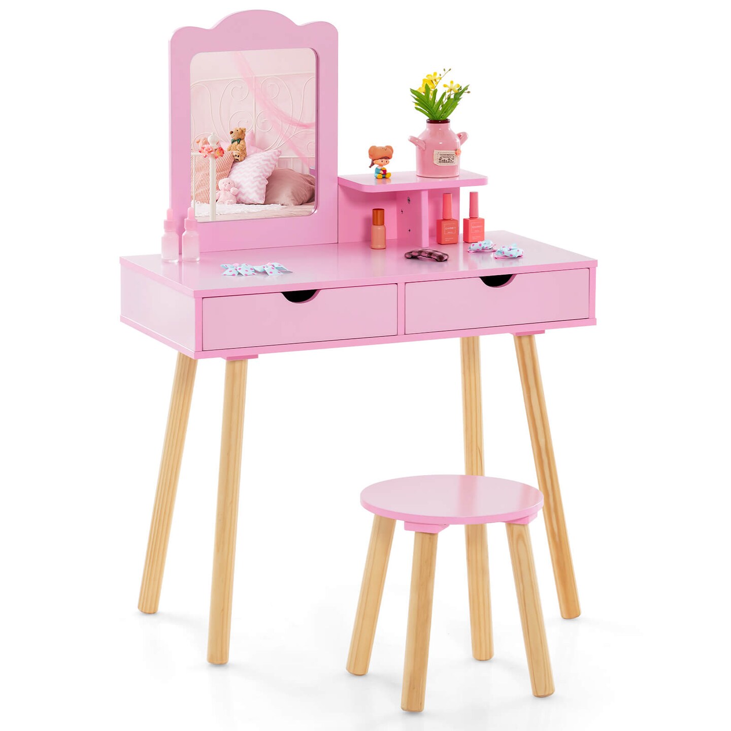 Costway Kid Vanity Table Chair Set with Mirror Large Storage Drawers Wooden Legs Pink/White