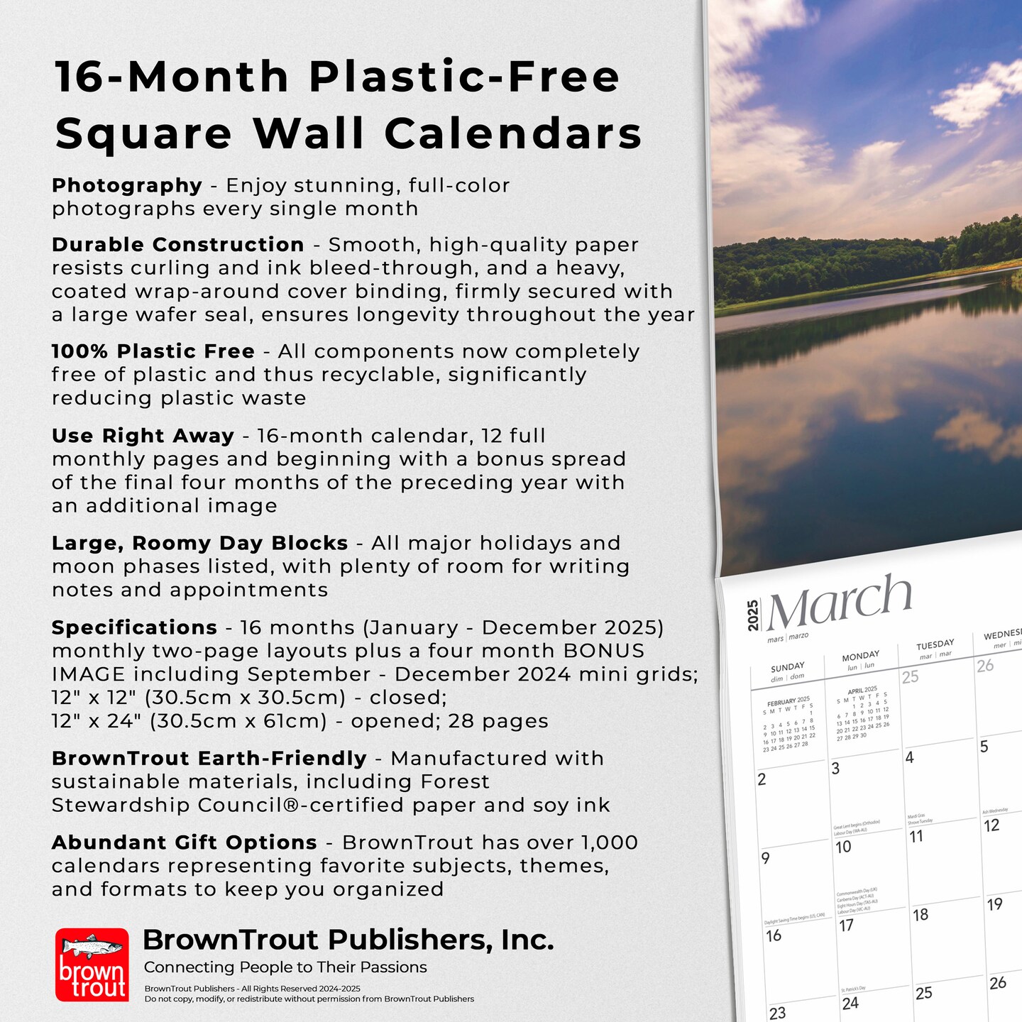 New Jersey Wild &#x26; Scenic | 2025 12 x 24 Inch Monthly Square Wall Calendar | Plastic-Free | BrownTrout | USA United States of America Northeast State Nature