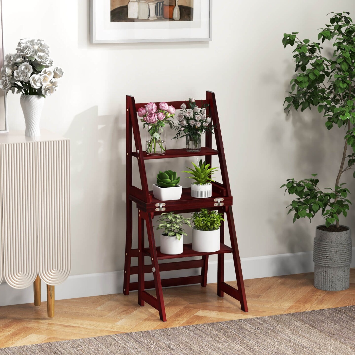 Costway 3-Step Folding Step Ladder Chair with Bamboo Frame Convertible Ladder Stool Reddish Brown/Natural