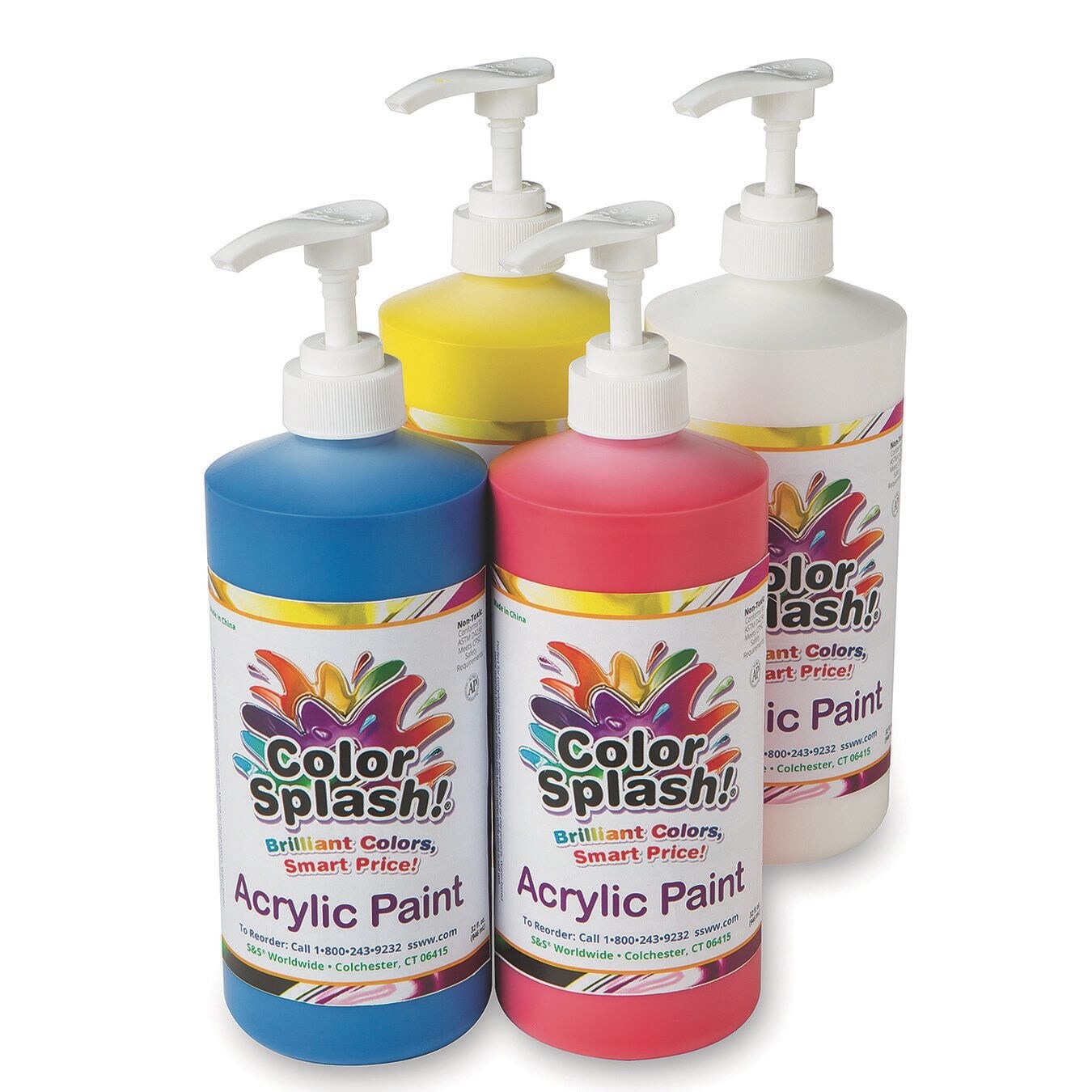 S&#x26;S Worldwide Color Splash! Acrylic Paint, 4 Vivid Colors, 32-oz Bottles w/Dispensing Pumps, Great for Arts &#x26; Crafts, Wood, Paper Mache, Bisque, Metal, Canvas, For Kids &#x26; Adults, Non-Toxic, Set of 4