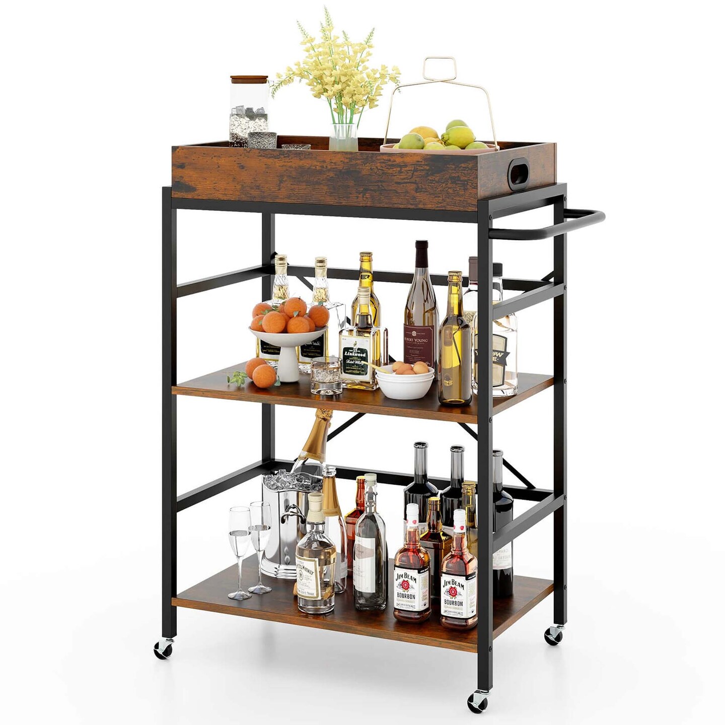 Costway 3-Tier Bar Cart with Detachable Tray 4 Lockable Casters &#x26; 1 Handy Handle