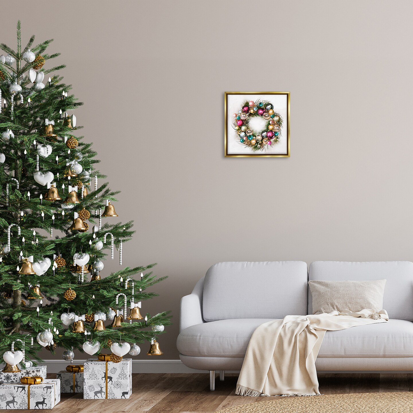 Stupell Industries Festive Ornamental Wreath Framed Floater Canvas Wall Art