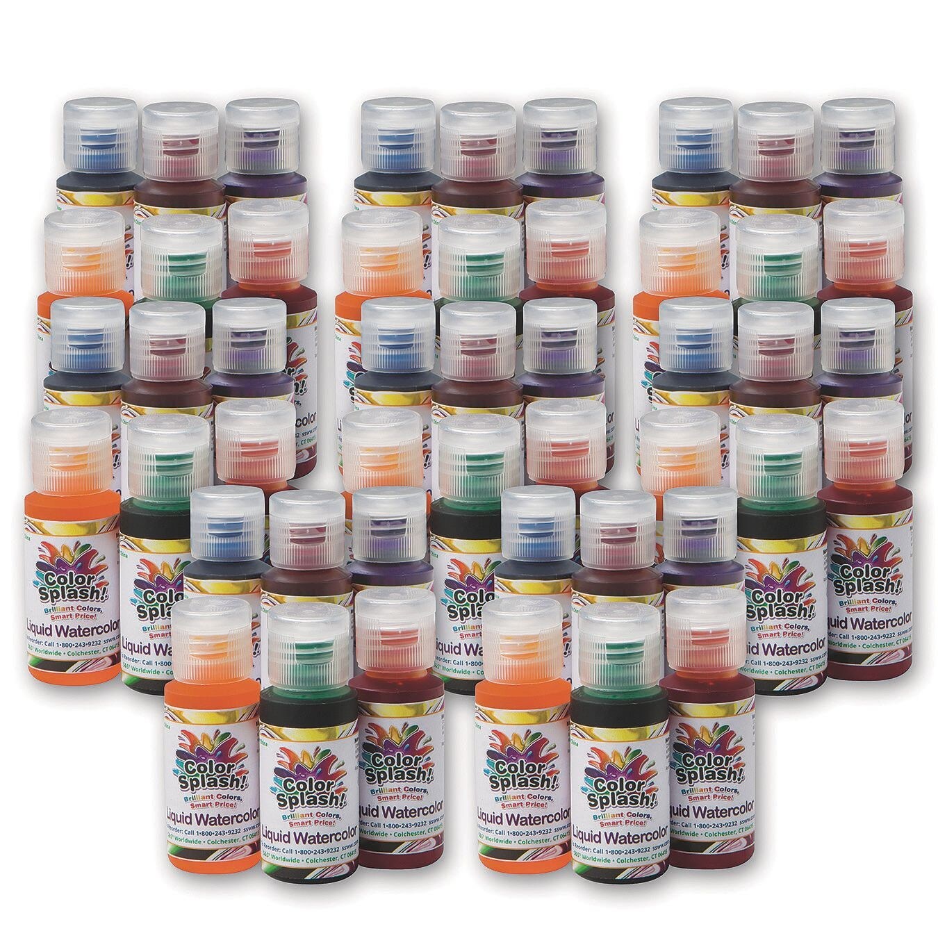 S&#x26;S Worldwide Color Splash! Liquid Watercolor Paint, 8 each of 6 Vivid Colors, 1-oz Drip-Dispense Bottles, For All Watercolor Painting, For Groups, Use to Tint Slime, Clay, Glue, Non-Toxic. Pack of 48
