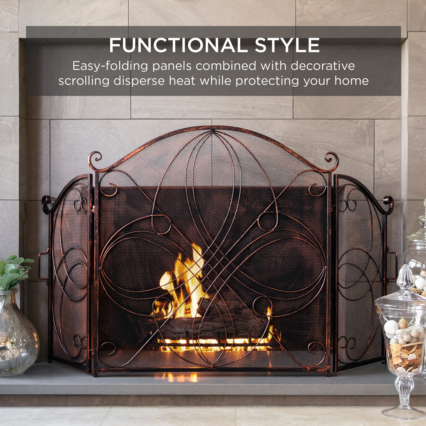 Best Choice Products 3-Panel 55x33in Wrought Iron Fireplace Safety Screen Decorative Scroll Spark Guard Cover