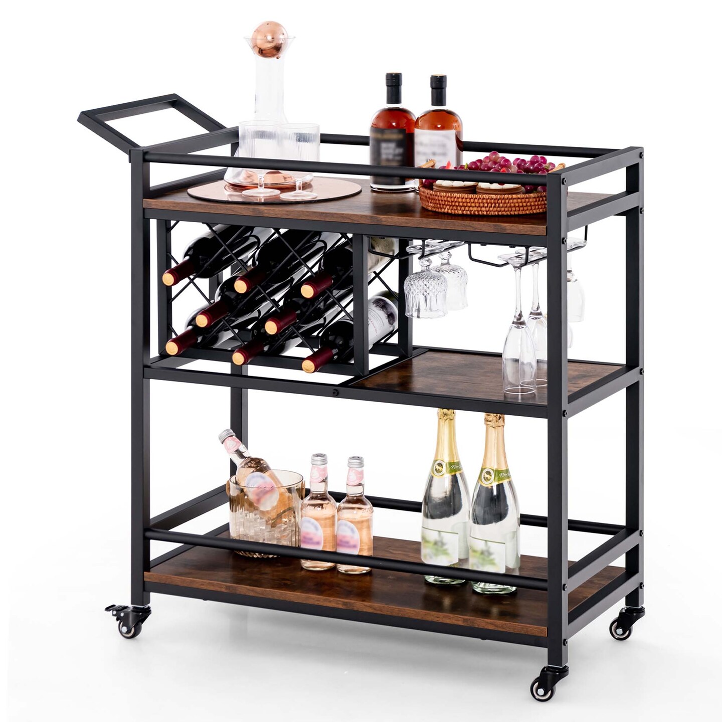 Costway 3-tier Bar Cart on Wheels Home Kitchen Serving Cart with Wine Rack &#x26; Glass Holder Rustic Brown/Brown