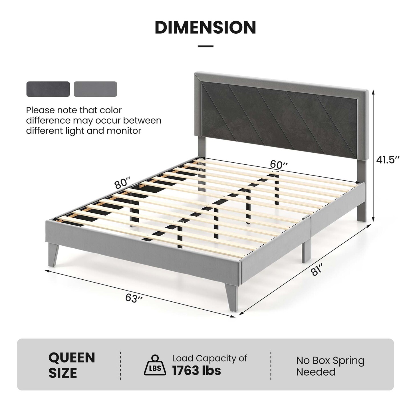 Costway Full/Queen/Twin Size Bed Frame Upholstered Platform Velvet Headboard Wooden Slats Gray