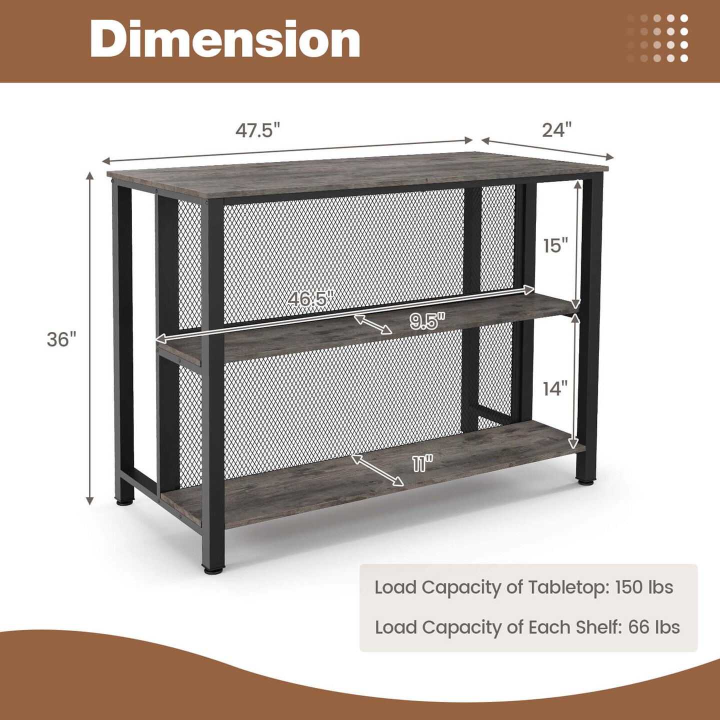 Costway 36" Tall 3-Tier Bar Table with Storage Metal Frame Adjustable Foot Pads Rustic Brown/Grey