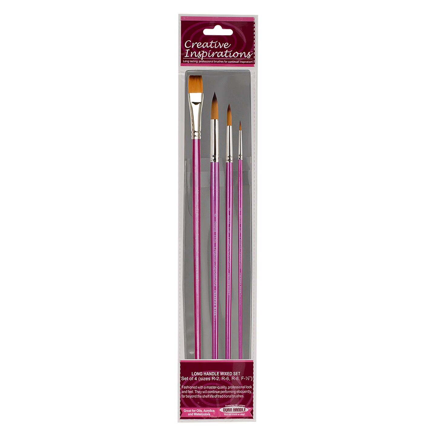 Creative Inspirations Dura-Handle Long Handle Assorted Paint Brush Set of 4 - Solid Resin Handle, Synthetic Taklon Paint Brushes, Flat Brush for Oils, Acrylics, Watercolors - Handles Will Not Chip or Crack