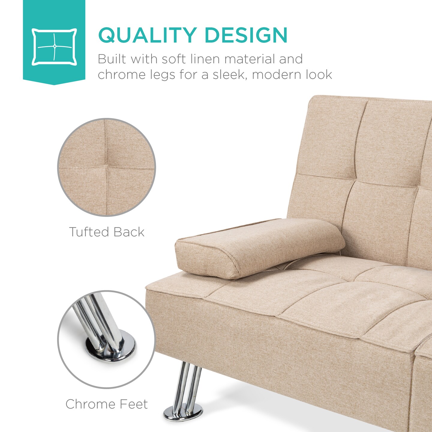 Best Choice Products Modern Linen Convertible Futon Sofa Bed w/ Removable Armrests, Metal Legs, Cupholders