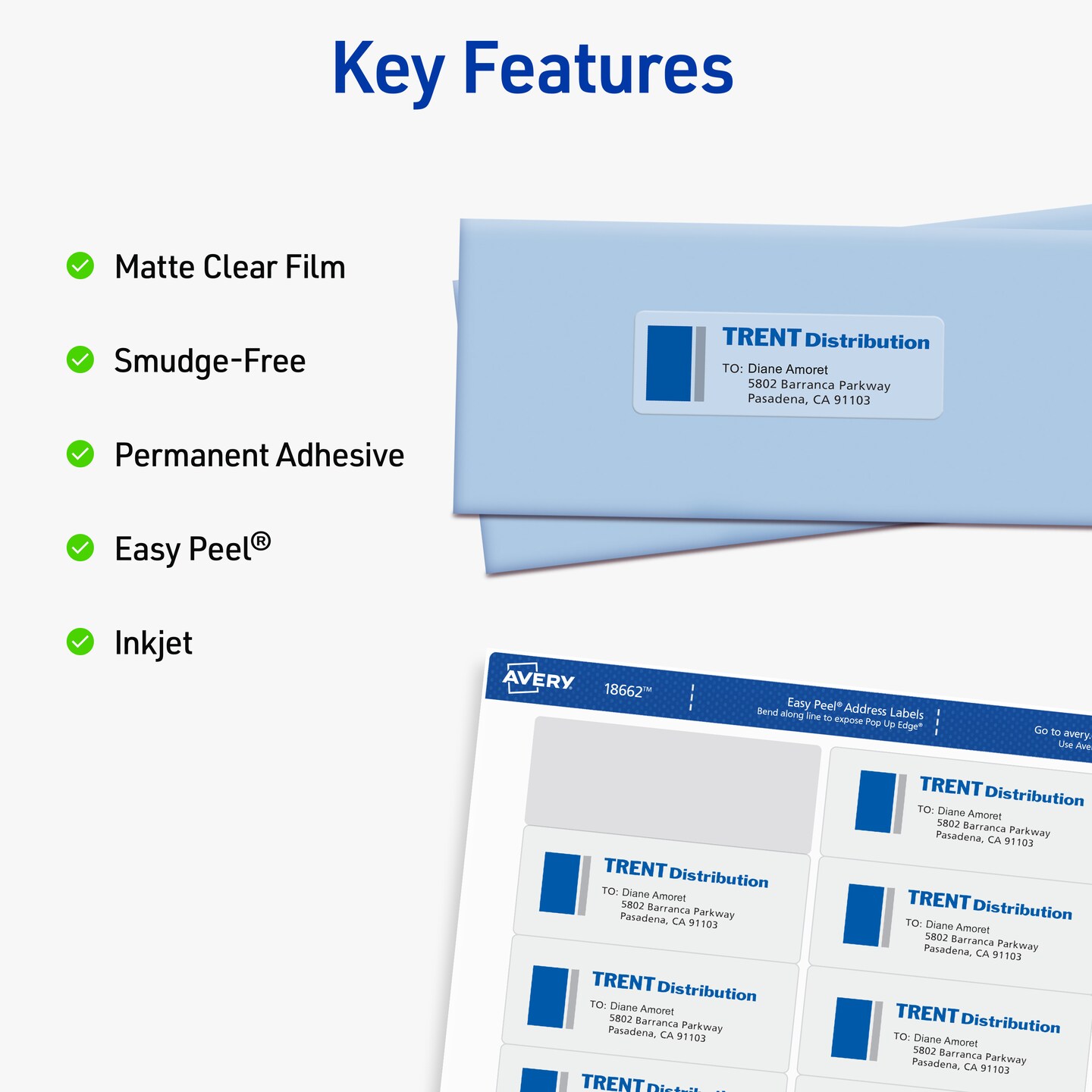 Avery Printable Address Labels, Sure Feed, 1-1/3" x 4", Matte Clear, Permanent Adhesive, Inkjet Printable, 140 Blank Mailing Labels (18662)