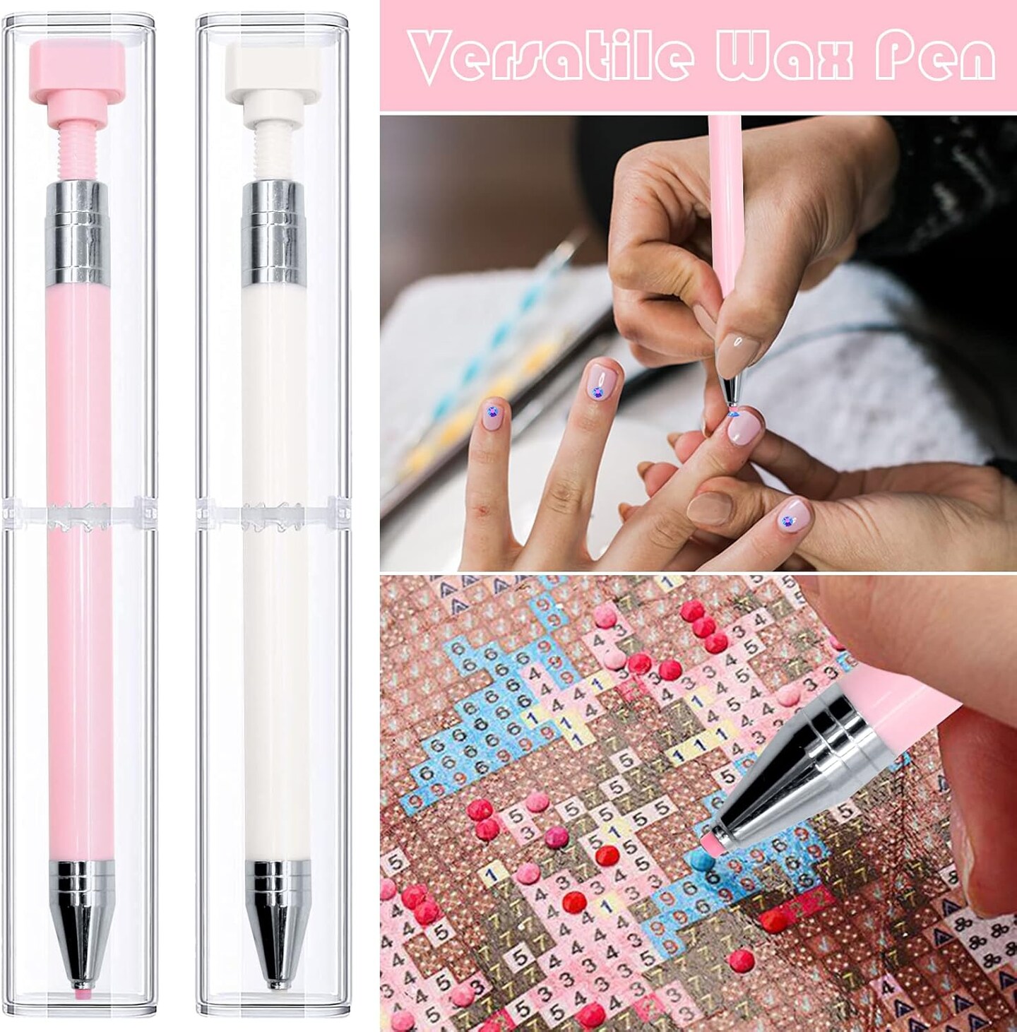 2 Pcs Diamond Painting Pens with Wax, Refillable Wax Pen, Rotating Glue Point Drill Pen for Nail Art Rhinestones, Diamond Art Accessories and Tools, Quickly Pick Up Beads Gems (Pink, White)