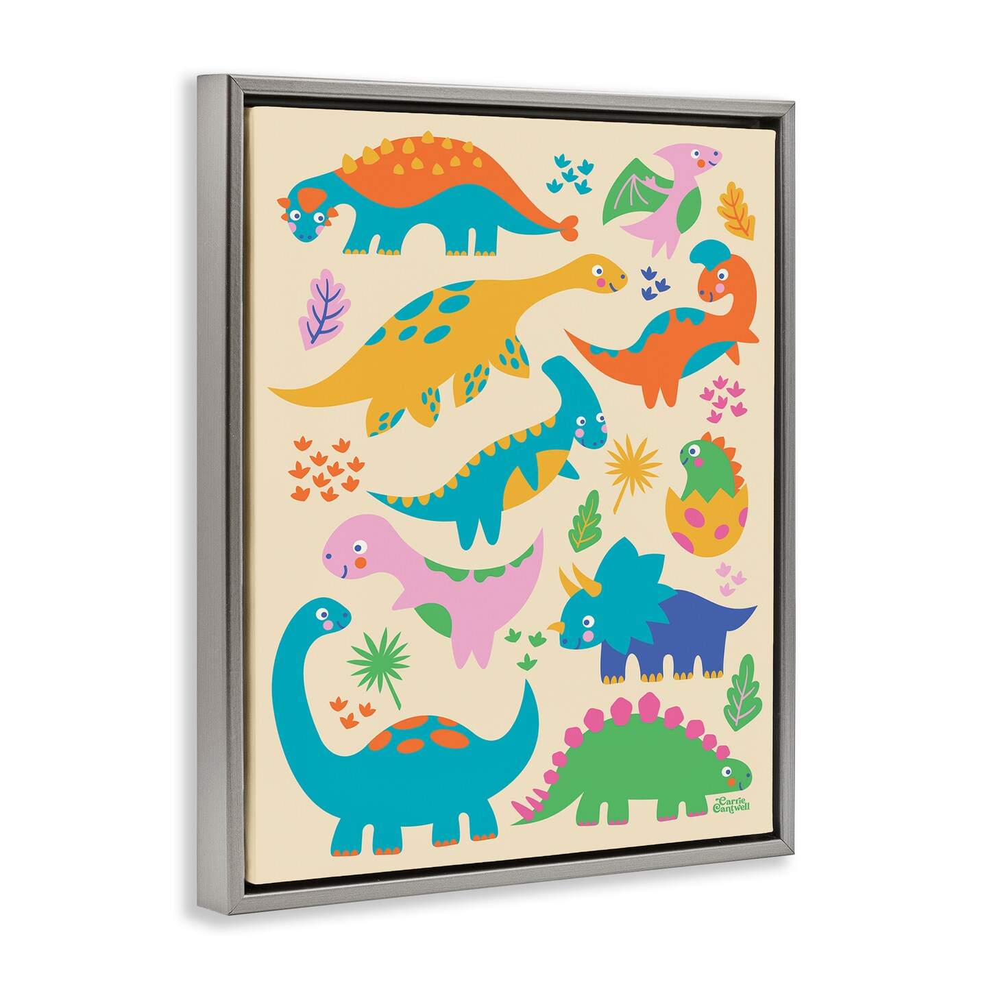 Stupell Industries Cute Whimsy Dinos Floater Framed Canvas Wall Art Design by Carrie Cantwell