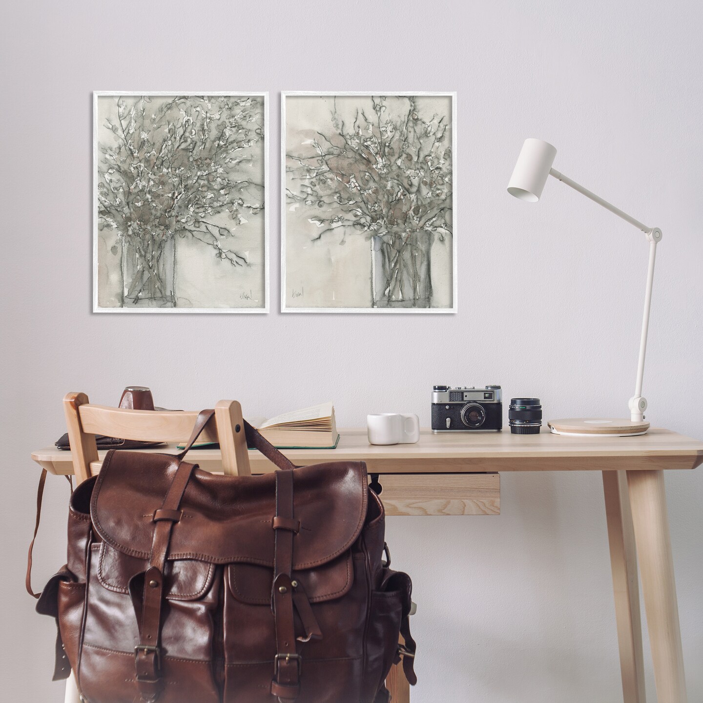 Stupell Industries Charcoal Sketched Vase 2pc Framed Giclee Wall Art Set Design by Samuel Dixon