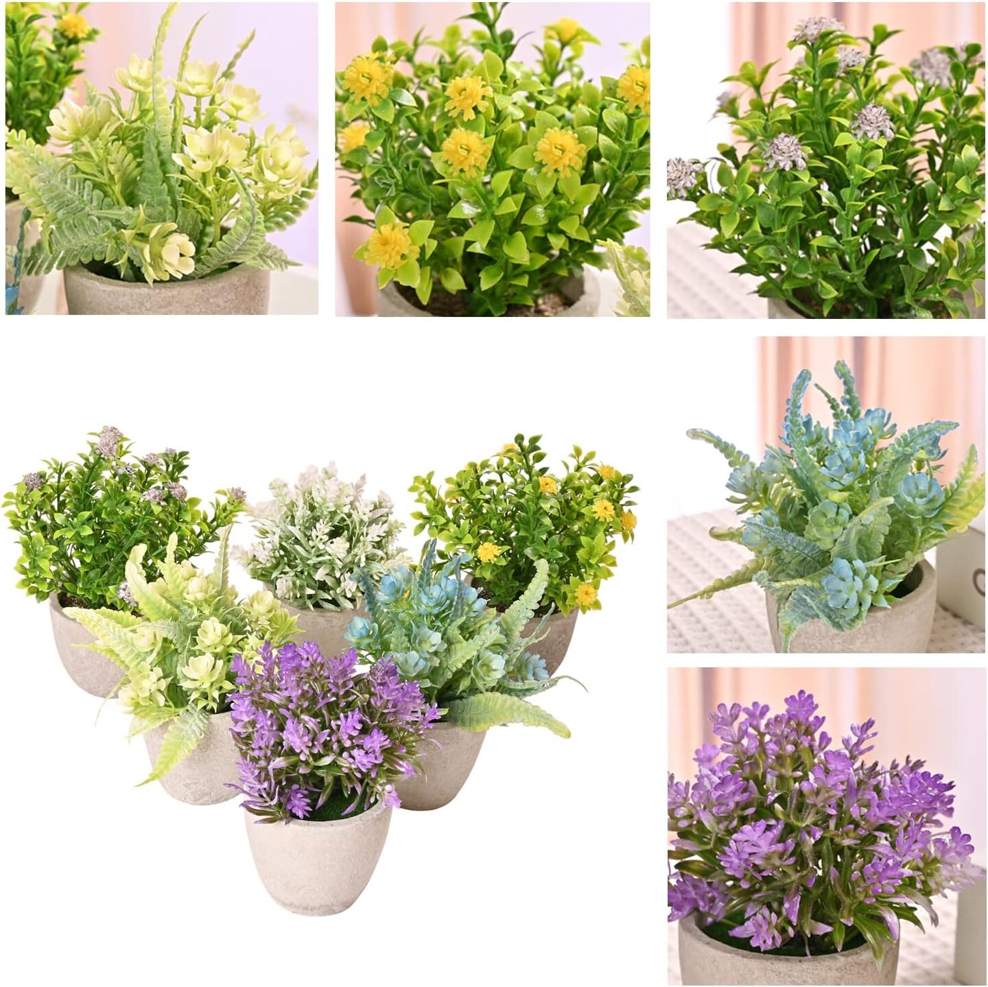 Set of 6 Potted Artificial Flower Arrangements – Spring Decor