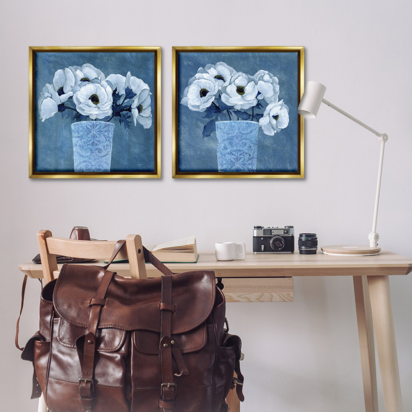 Stupell Industries Magnolia Bouquets on Blue 2pc Floater Framed Canvas Wall Art Set Design by Janet Tava