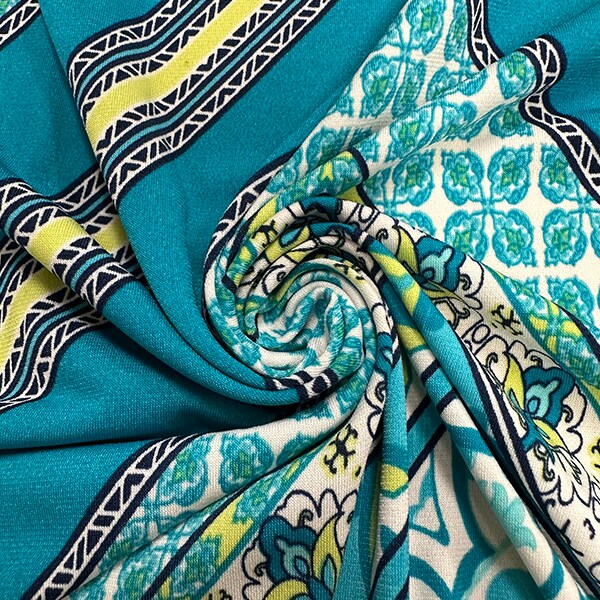 Teal Multi Geometric Multi Print ITY Jersey Knit By the Yard