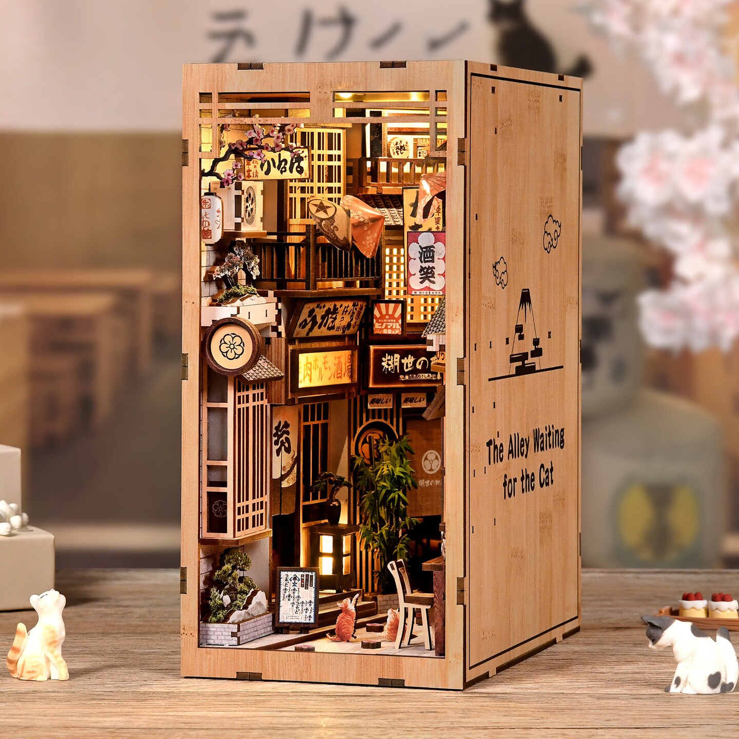 DIY Book Nook Kit with LED Light | Japanese Street Cat Miniature