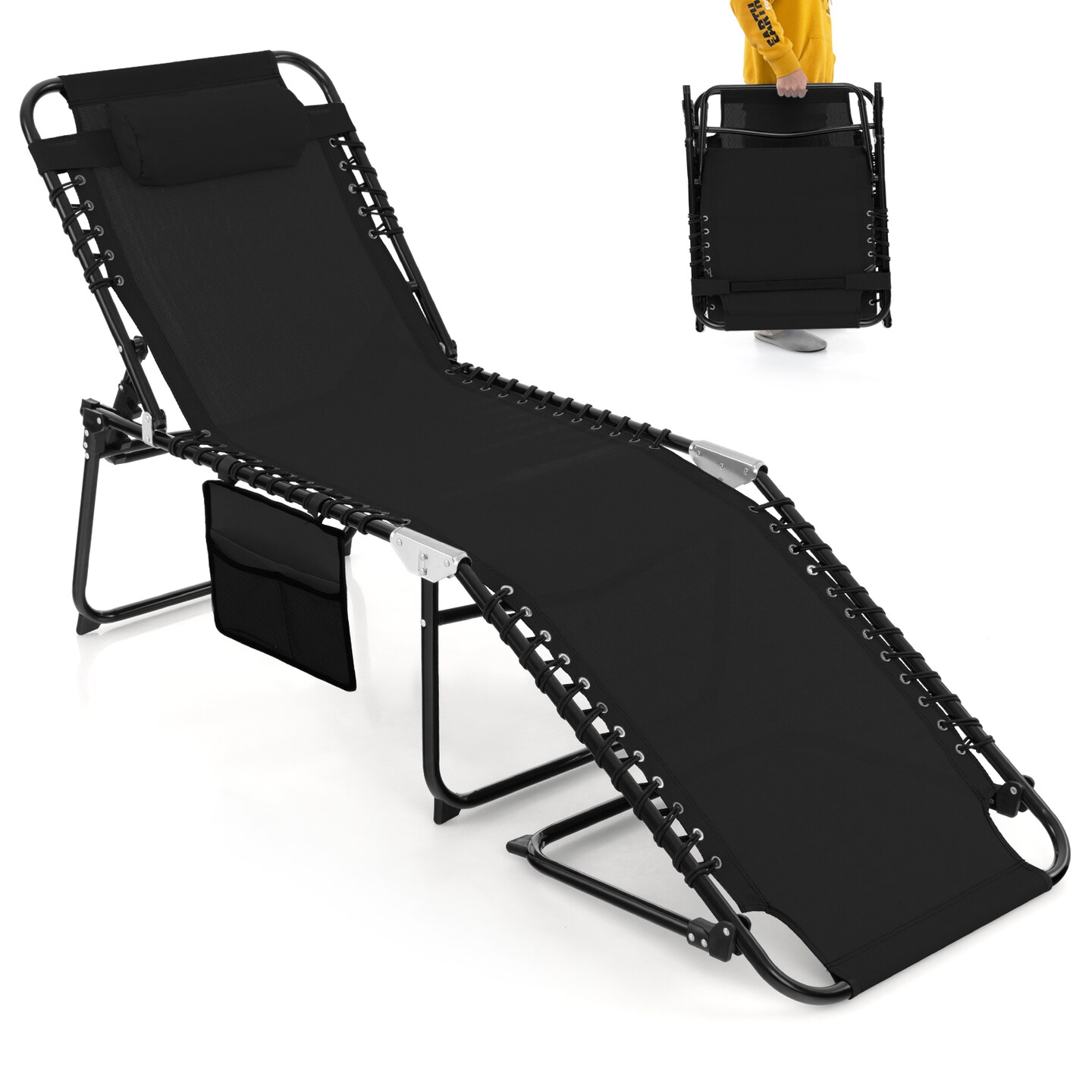 Costway Folding Lounge Chaise 16'' High Recline Chair W/Adjustable Backrest and Footrest