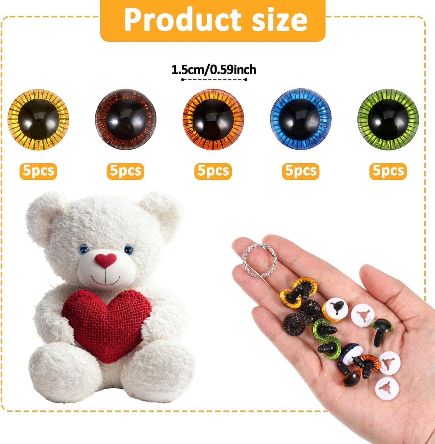 20Pcs 15mm Safety Eyes with Washers - 5 Colors