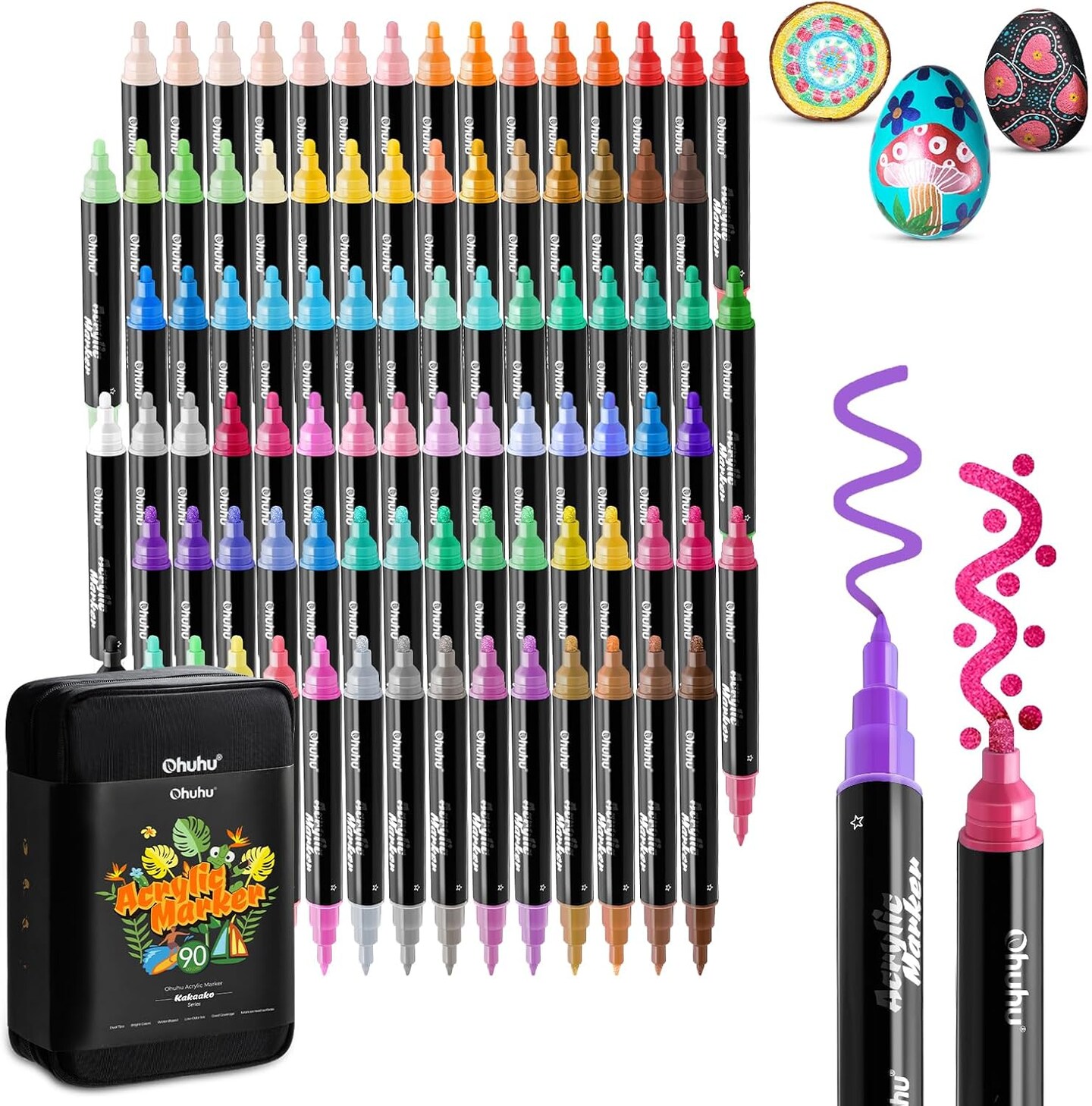 Ohuhu Acrylic Paint Pens 90 Colors: Dual Tips (Round &#x26; Fine) Acrylic Markers High Opacity Paint Markers Waterproof Lightfast for Rock Painting Easter Eggs Wood Glass Ceramic Canvas - Kakaako