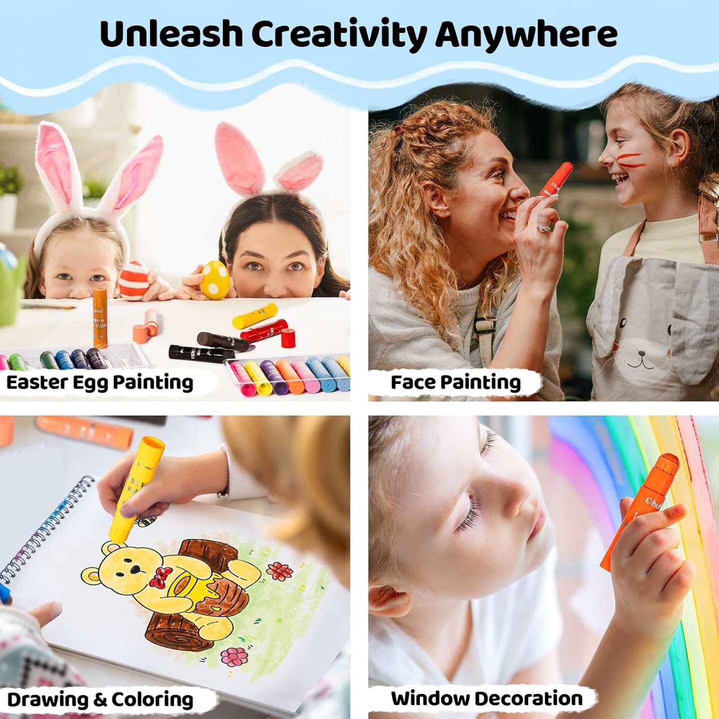 Ohuhu Tempera Paint Sticks for Kids, Washable 36 Colors Tempera Paint, Quick Drying, Non-toxic for Drawing, Graffiti, Works Great on Paper Glass Wood Ceramic Canvas Rock