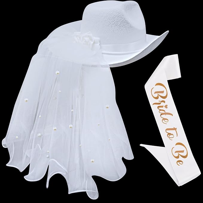 4E&#x27;s Novelty Bride Cowgirl Hat with Veil &#x26; Sash - Women White Cowboy Hat Bachelorette Party, Bridal Shower Dress Up