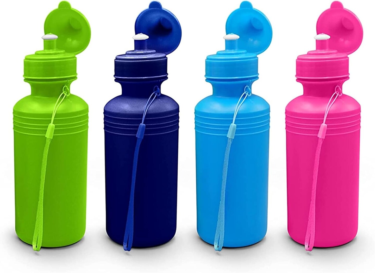 4E&#x27;s Novelty 4 Pack Kids Water Bottles 18oz &#x2013; BPA-Free, Reusable Plastic Bottles with Strap