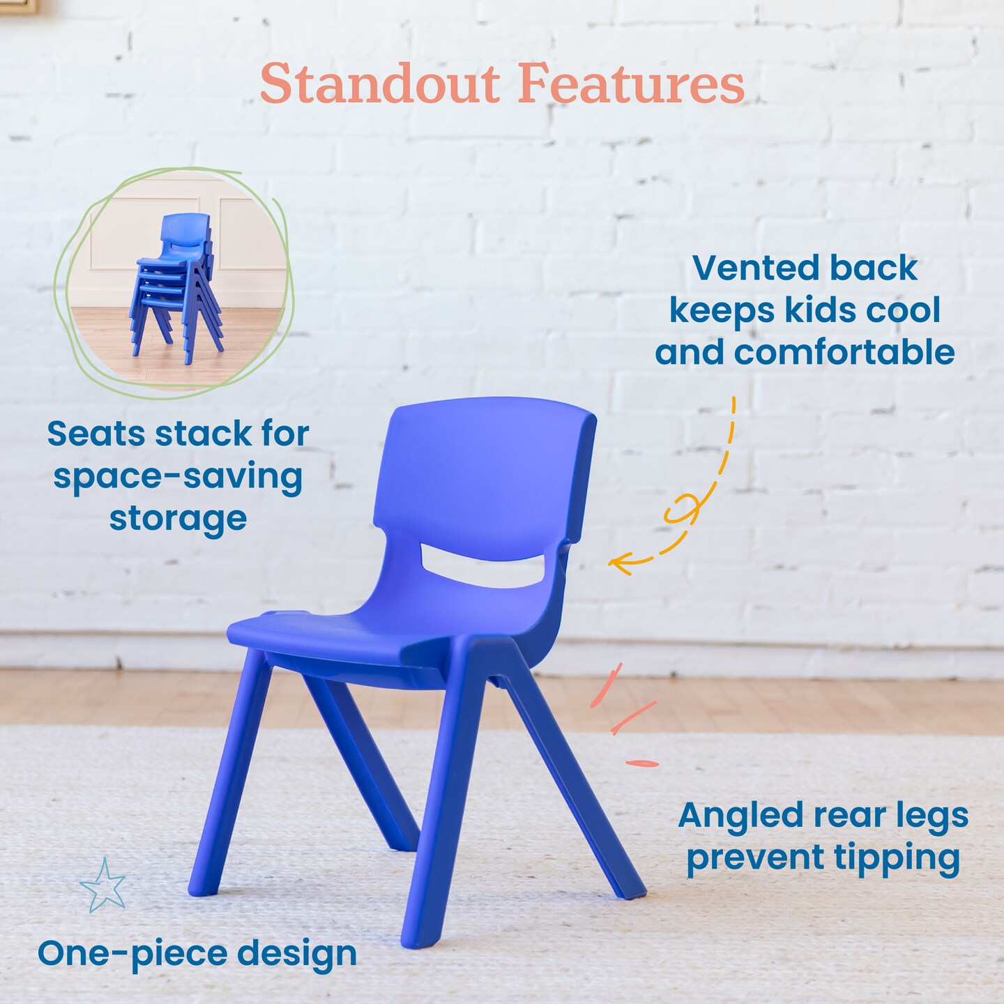 Plastic School Stack Chair for Indoors and Outdoors, Flexible Seating, 12in Seat Height, 4-Pack