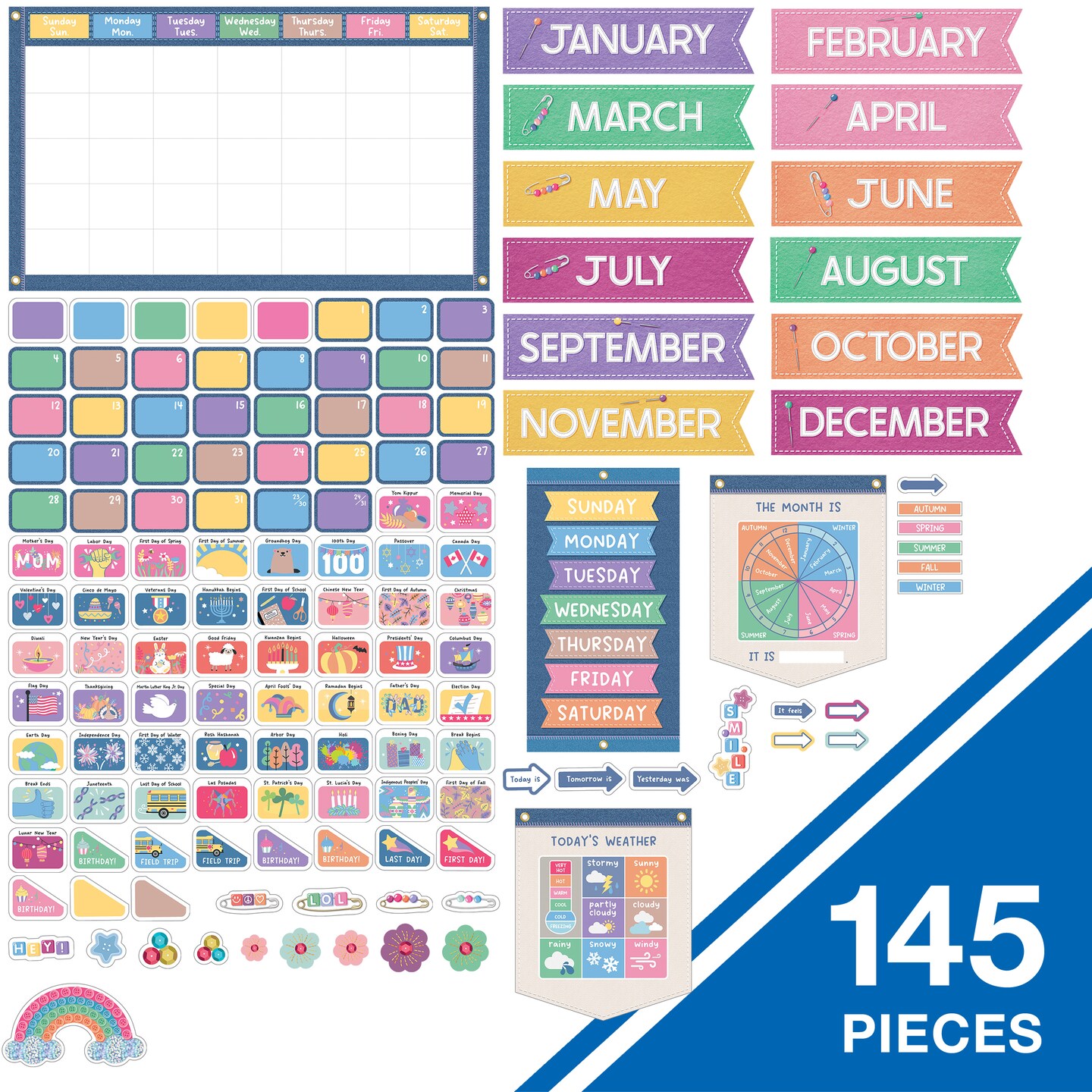 Carson Dellosa Crafty and Cool 145-Piece Calendar Bulletin Board Set, Monthly Headers, Cover Ups, Seasons, Weather, Days of Week Chart, and More Classroom Decor