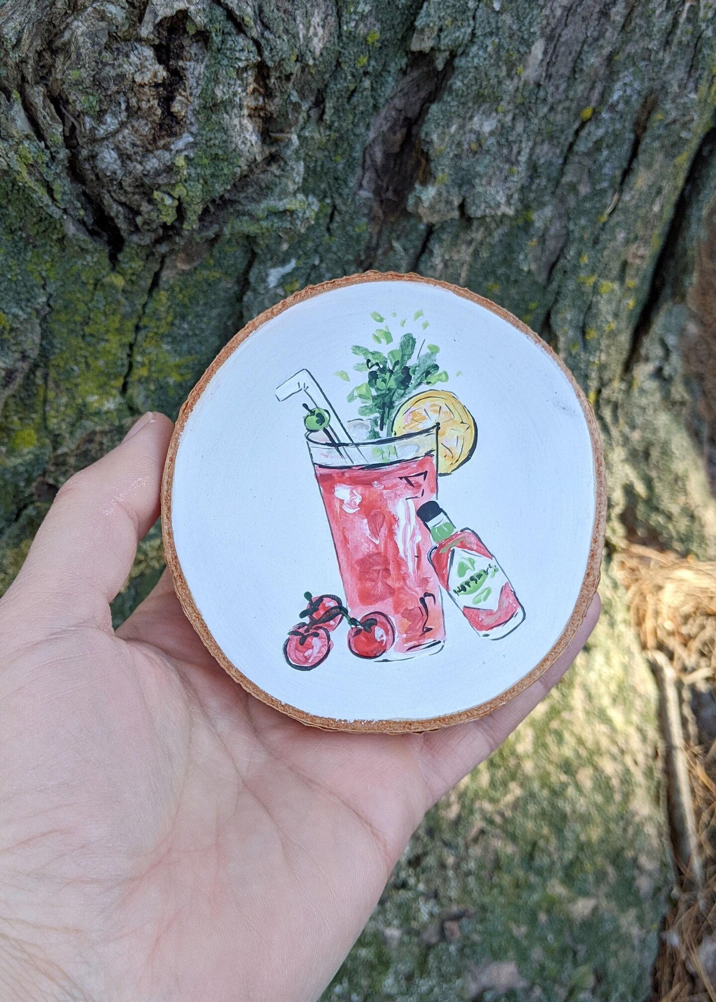 Bloody Mary Wooden Coaster | Hand Painted Rustic Wood Slice Art, Unique Barware, Bartender Gift, Perfect Present for Best Friend