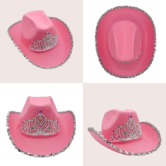 4E's Novelty Preppy Pink Cowboy Cowgirl Hat - Pink Cowgirl Hat Preppy with Sequin,Tiara & Heart Shaped Sunglasses