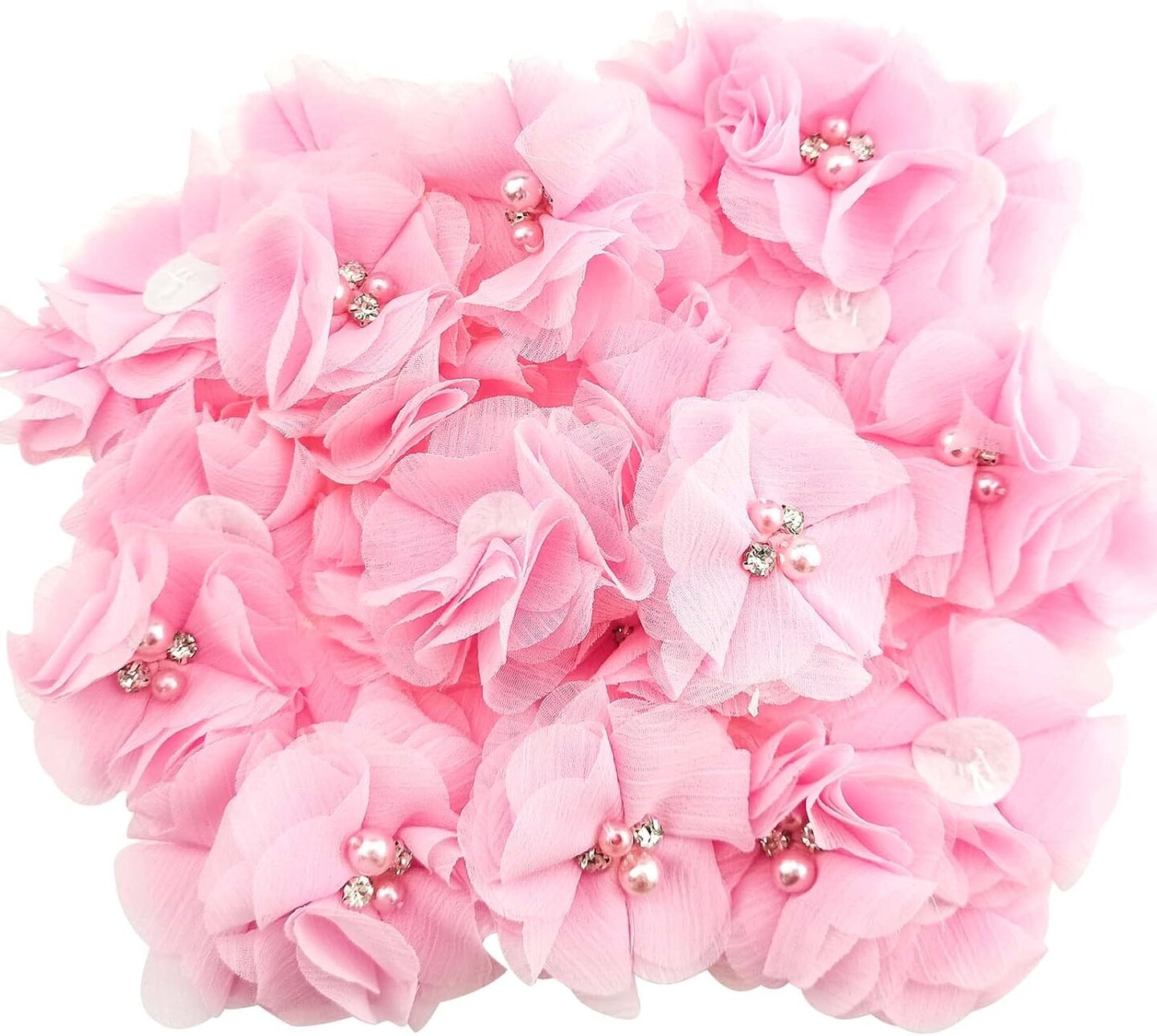 30 PCS Rhinestone Pearl Pink Chiffon Flower Sewing Fabric Appliques