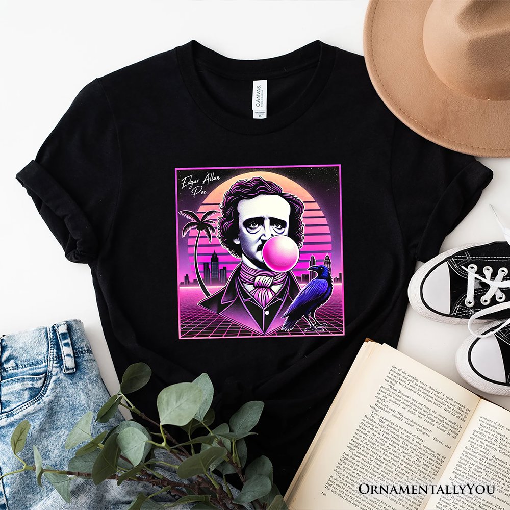 Synthwave 80's Styled Edgar Allan Poe Horror T-Shirt, Vaperwave Classic Retro Neon Halloween Tee