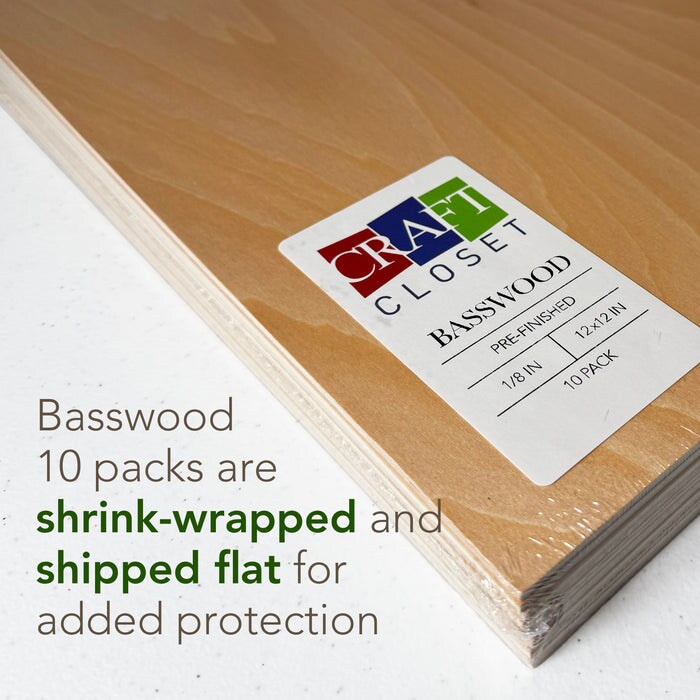Basswood Plywood Sheets &#x2013; 12x18 or 12x12 Unfinished or Finished Wood Sheets for Crafts, Laser Cutting, DIY &#x2013; 10 Pack
