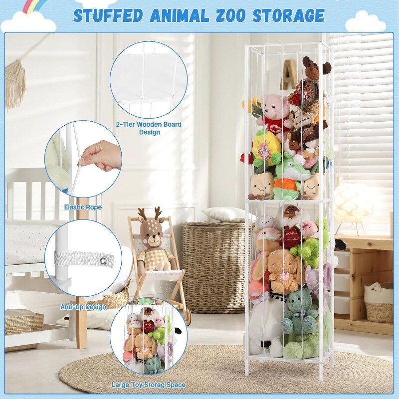 Metal Stuffed Animal Storage Organizer with Elastic Rope - Kids Toy Holder for Plush Toys &#x26; Sports Balls, Space-Saving Design, Sturdy Construction